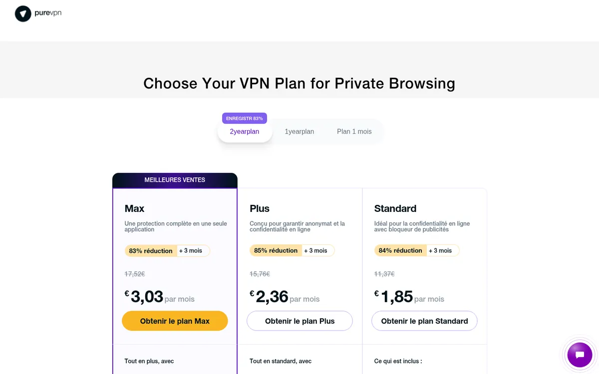 Page des tarifs de PureVPN – testé : meilleur VPN pour la Belgique