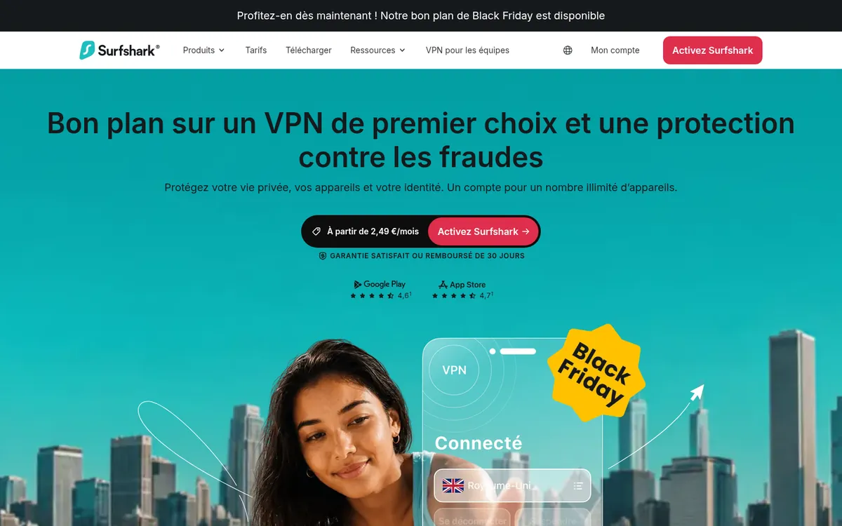 Page d'accueil de Surfshark sur ordinateur – testé : meilleur VPN pour la Belgique
