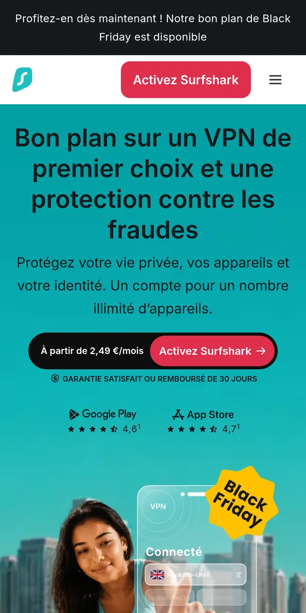 Page d'accueil de Surfshark sur mobile – testé : meilleur VPN pour la Belgique