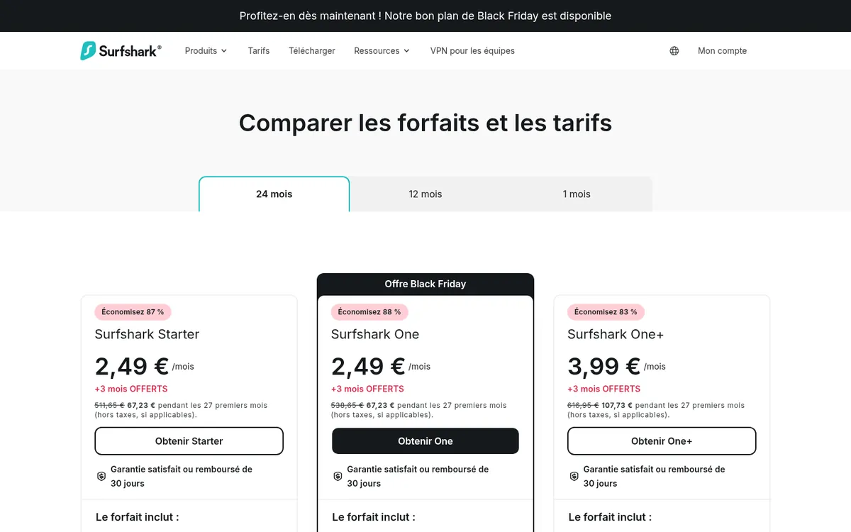 Page des tarifs de Surfshark – testé : meilleur VPN pour la Belgique