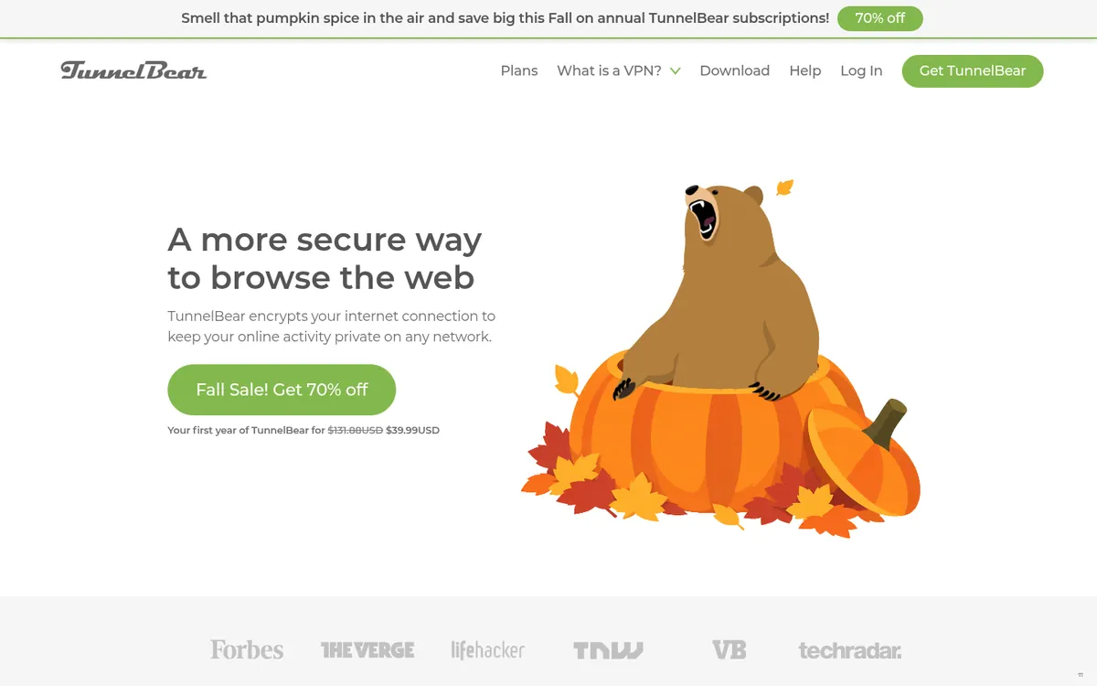 Page d’accueil de TunnelBear sur ordinateur, l’un des VPN comparés dans notre classement