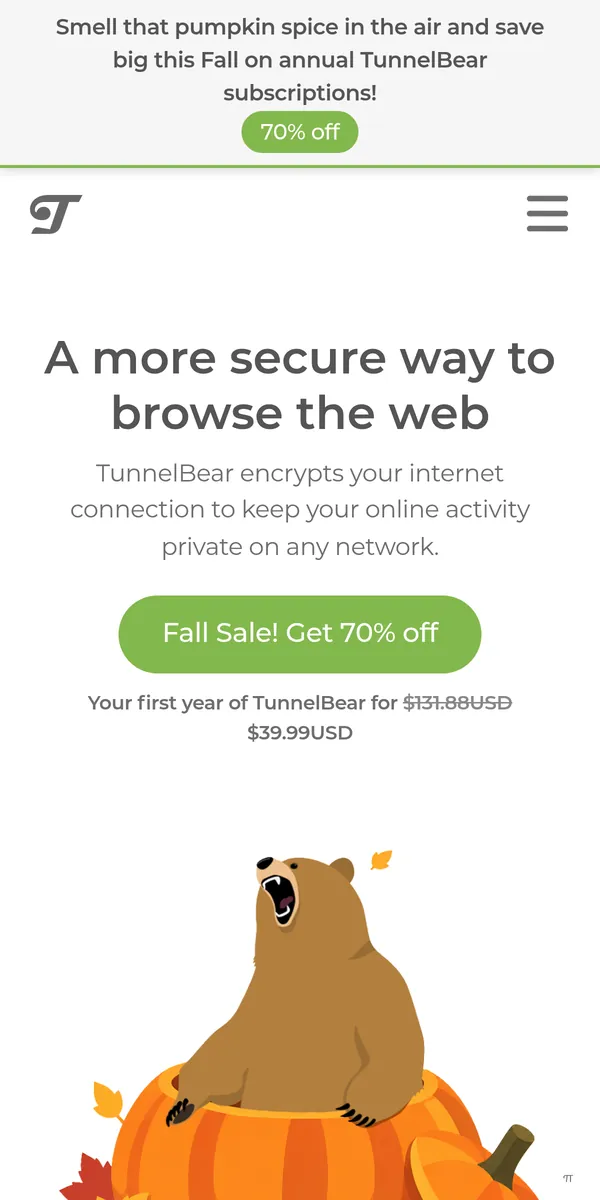 Page d'accueil de TunnelBear sur mobile – testé : meilleur VPN pour la Belgique