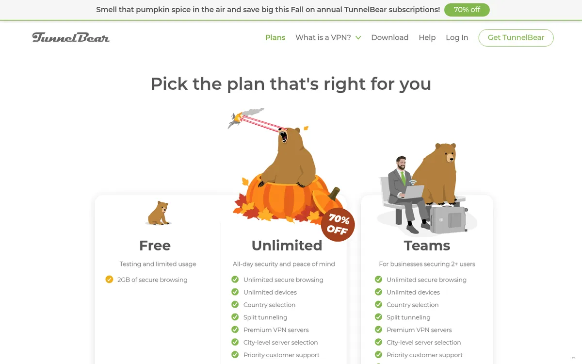 Page des tarifs de TunnelBear – testé : meilleur VPN pour la Belgique