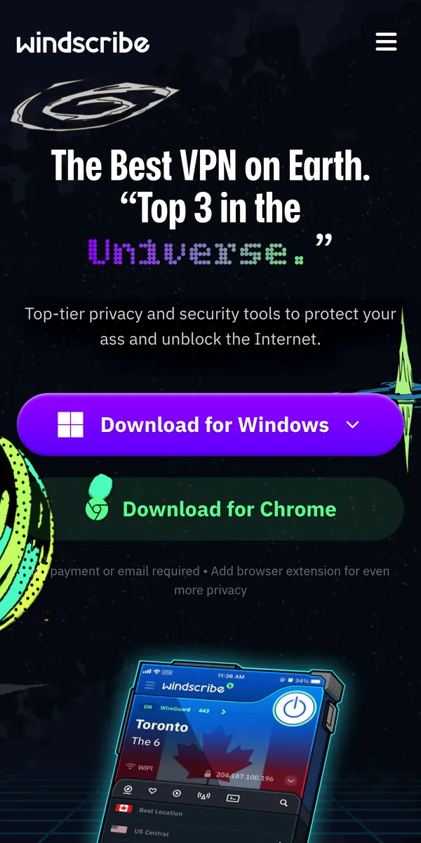 Page d'accueil de Windscribe sur mobile – testé : meilleur VPN pour la Belgique