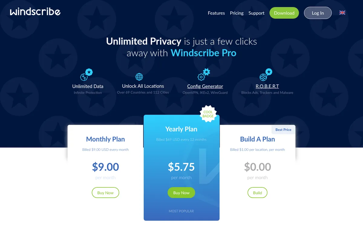 Page des tarifs de Windscribe – testé : meilleur VPN pour la Belgique